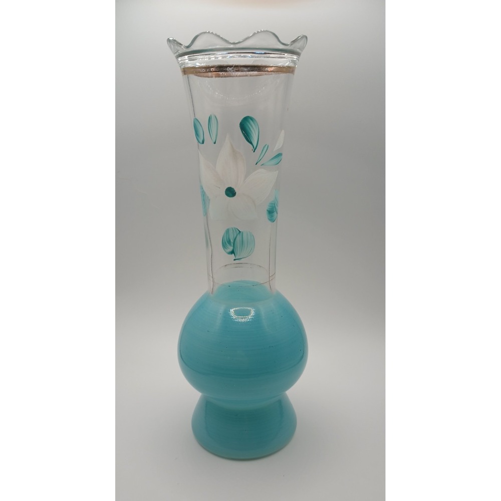 Vintage Hand-Painted Barlett Collins Glass Vase with Floral Design & Blue Accent
